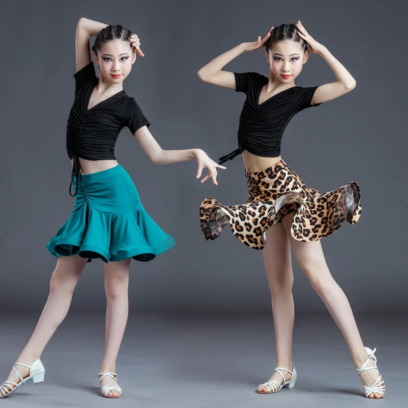 Summer Child Latin Dance Clothes Girls Dance Practice Clothes Performance Clothes Junior Latin Dance Skirt Leopard Print Split