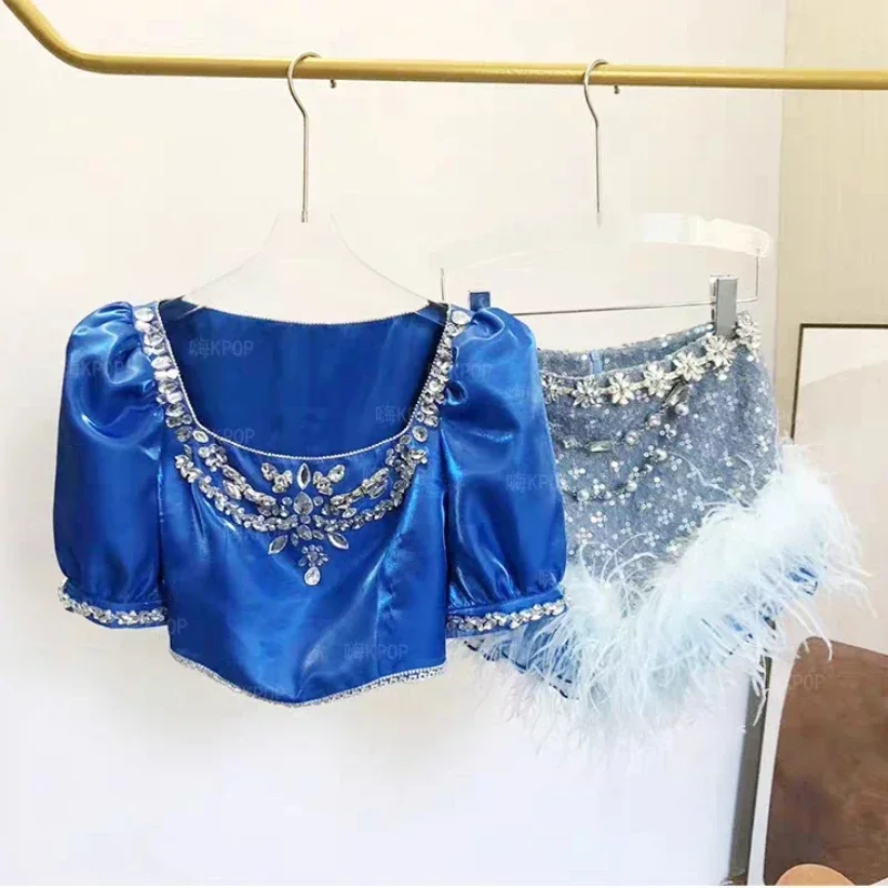 Disfraz de escenario de cantante coreana para mujer, trajes de Kpop, Mangas de burbuja azules de cristal, Tops, falda de plumas, ropa de Dj, ropa de Jazz