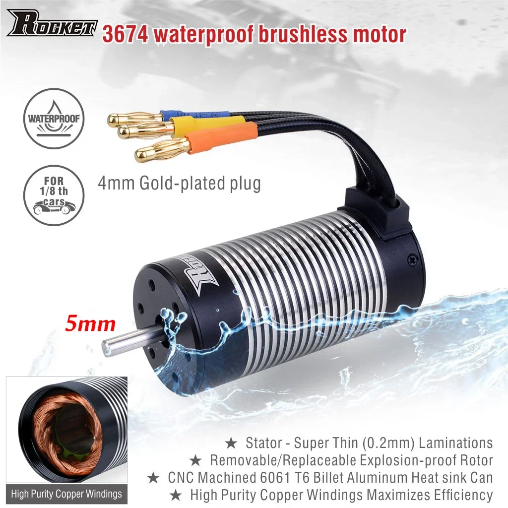 Rocket 3674 Waterproof Motor 1580KV 2250KV Brushless Sensorless Motor 5mm for 1/10 RC Car Traxxas WLtoys 10428 12428 Accessories