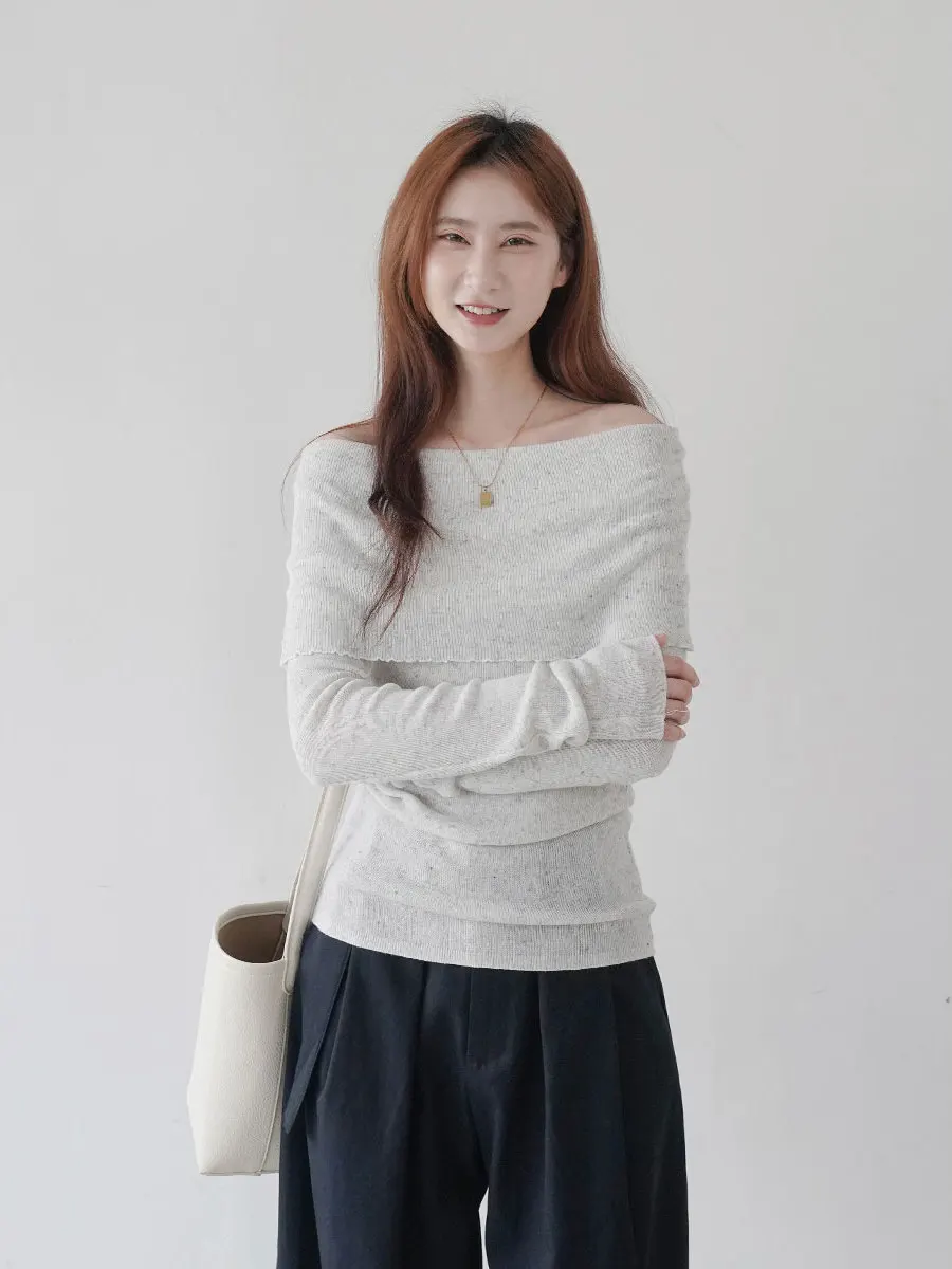 

oulder Bared Long Sve Knitted Sweater Women's Slim Fit Sli Versatile Blue Soft Sle Spring Season Casual Wear Top