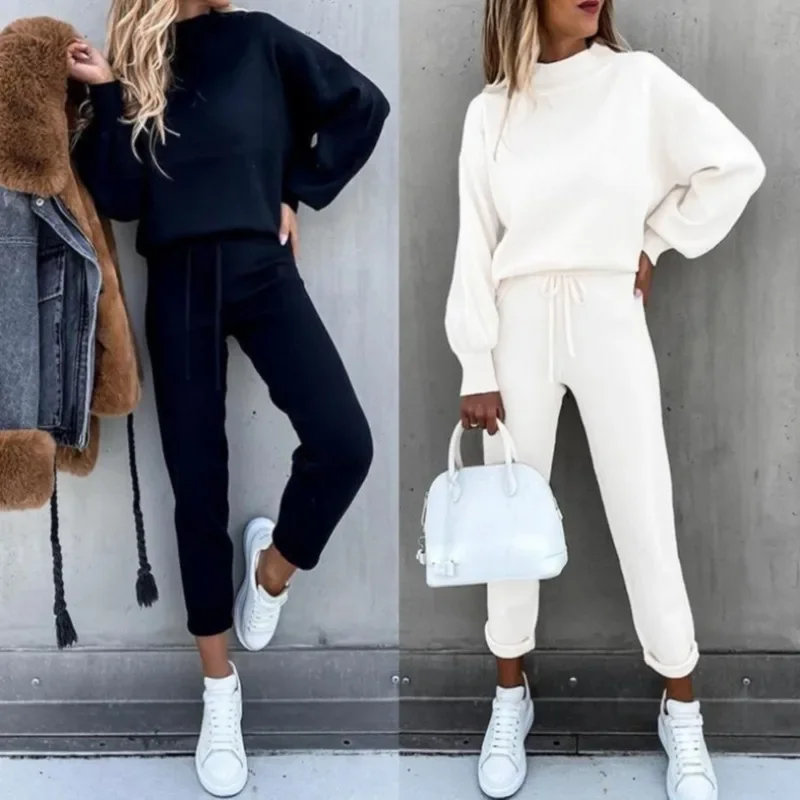 Autumn and Winter Women\'s Sweater Set Turtleneck Casual Solid Color Trousers Two-piece Sets for Women