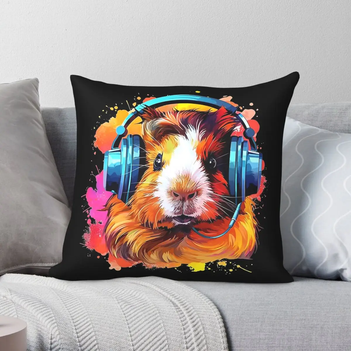 Headphones Funny Guinea Pig Square Pillowcase Polyester Linen Velvet Pattern Zip Decor Car 18