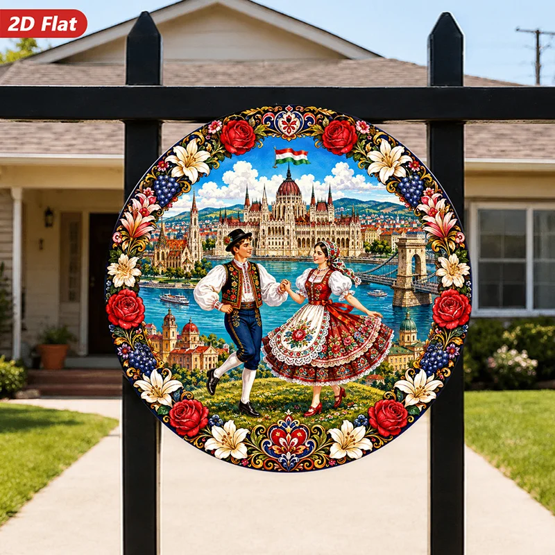 2D Flat, 1pc Traditional Folk Dance Round Metal Sign Wall Art, Home Decor, Rose Floral Border, Ethnic Dancing Couple, Historic E