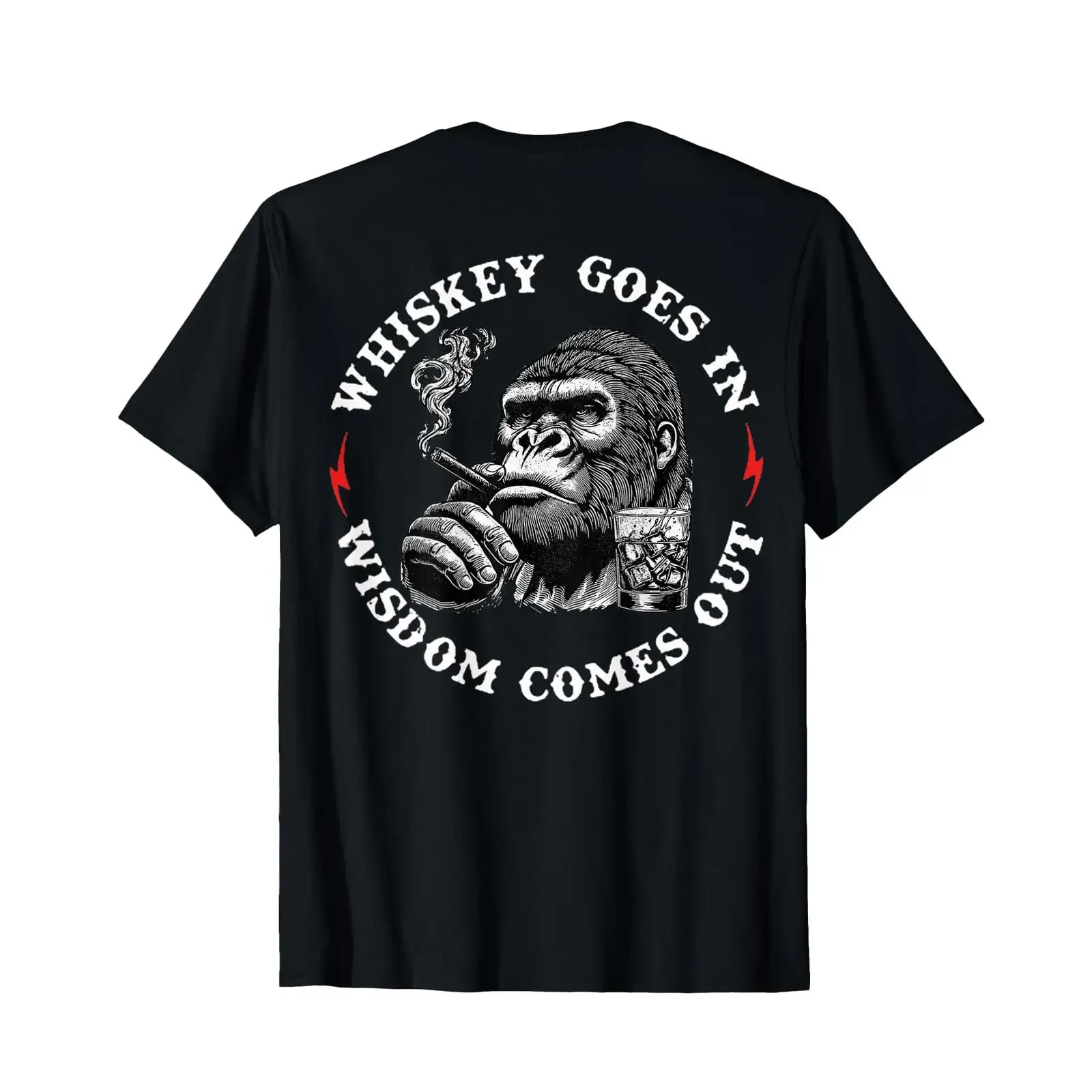 Whiskey Goes in Wisdom Comes Out Funny Monkey On Back T Shirt vintage Washed Unisex homme Slightly Top For Everyday Wear