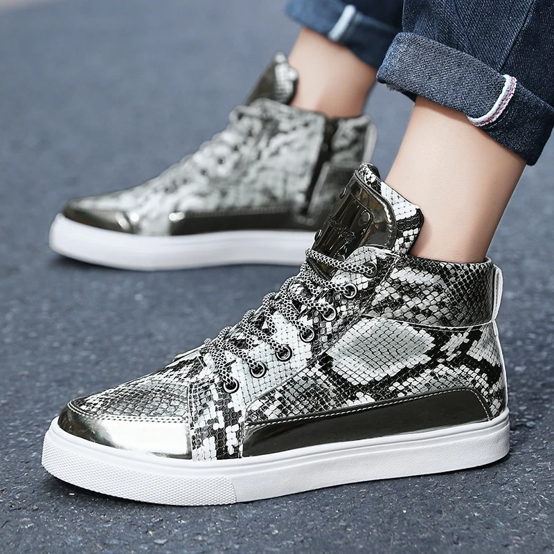 Schlange Leder goldene Skateboard Schuhe Mann Komfort Schnürung Männer High Top Skateboard Turnschuhe Mode Glitter Männer vulkan isierte Schuhe