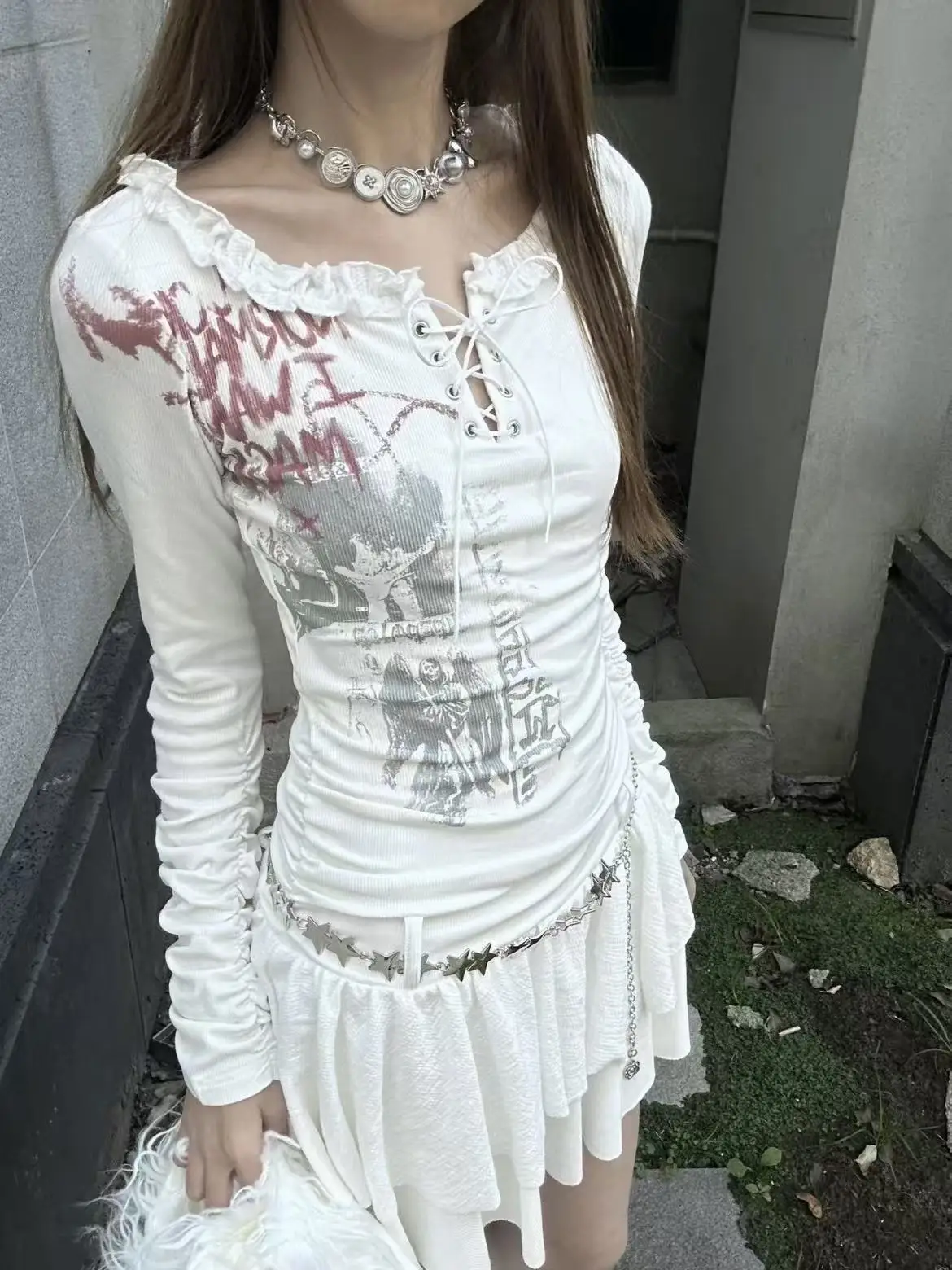 White Tiered Dress Ruffle Neck Lace Up Front Long Sleeve Vintage Angel Print Ruched Sleeve With Waist Belt Slim Fit Mini Dress