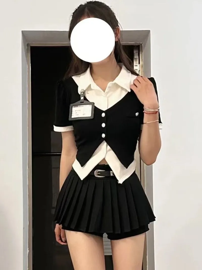 Academy Spicy Girl Fake Two-piece Patchwork Shirt Pleated Skirt Two-piece Set Women Lapel Fashion Korean Slim Summer Lady Suit