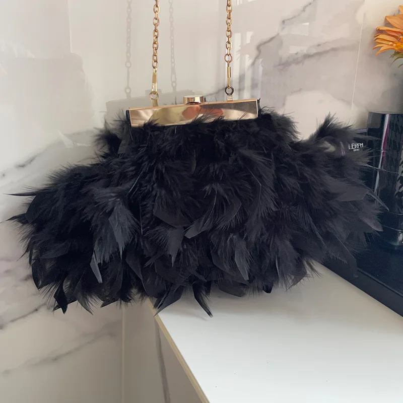 Luksusowe damskie bankiet torby wieczorowe kopertówki modne miękkie torebki z frędzlami z piór z łańcuszkiem torby na ramię Crossbody kopertówka imprezowa
