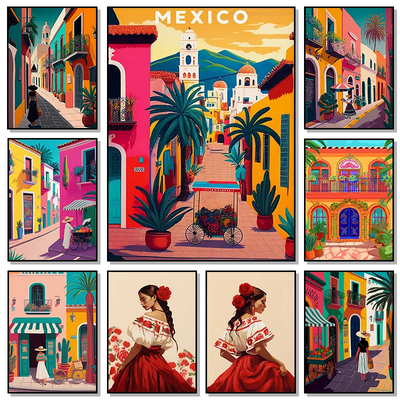 Cactus Mexico Humanities Travel Landscape City Street Girl Wall Art Canvas Painting Nordic Poster Picture Home Living Room Decor