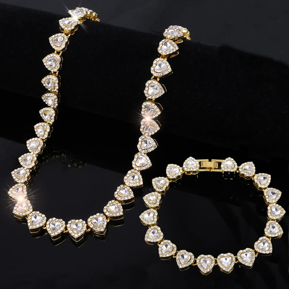 Trendy Shiny Heart Zircon Hip Hop Rock Tennis Chain Jewelry Set - Bracelet & Necklace Combo For Women & Men