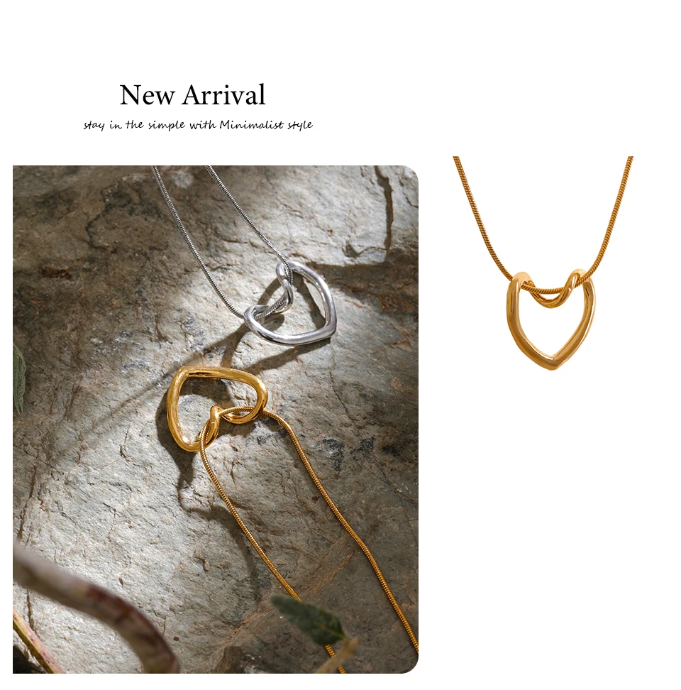 Yhpup Minimalistische goldene Edelstahl-Herz-Hohl-Anhänger-Halskette für Frauen, rostfrei, stilvoller Charm-Schmuck, Bijoux Femme – Detail 10