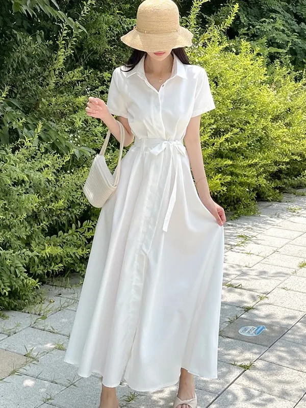 

Ele irt Sle Dr Women's Summer Simple High-End Feelings Belted Waist Slim ort Sve Long Skirt Knot