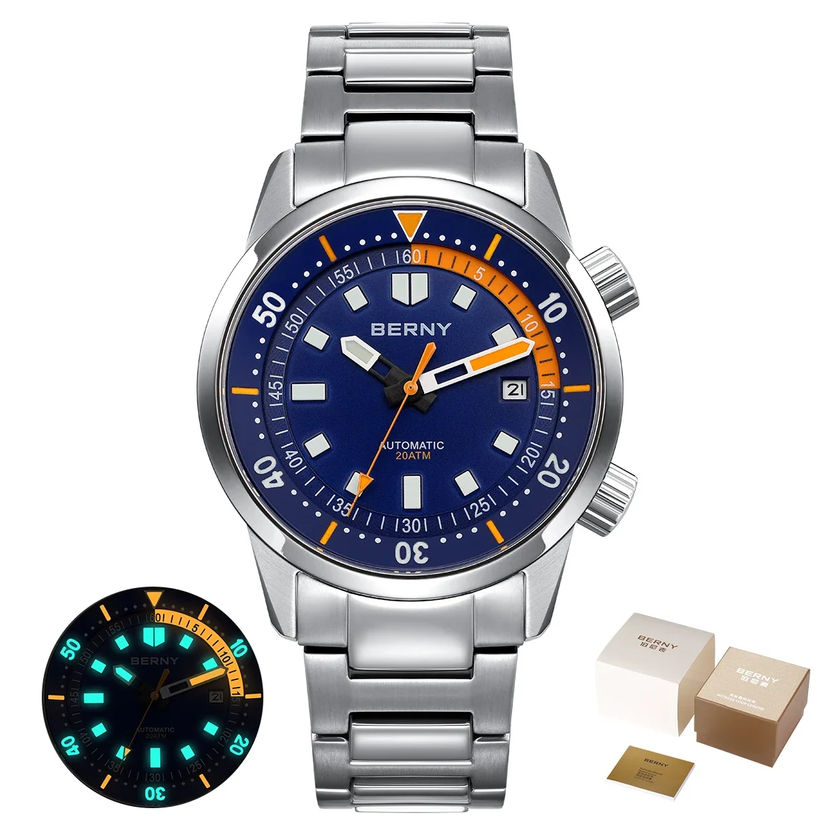 BERNY Herren-Taucheruhren, 200 m wasserdicht, superleuchtend, automatische mechanische Taucheruhr, 42 mm, Saphir-Schwimm-Tauch-Armbanduhr 10