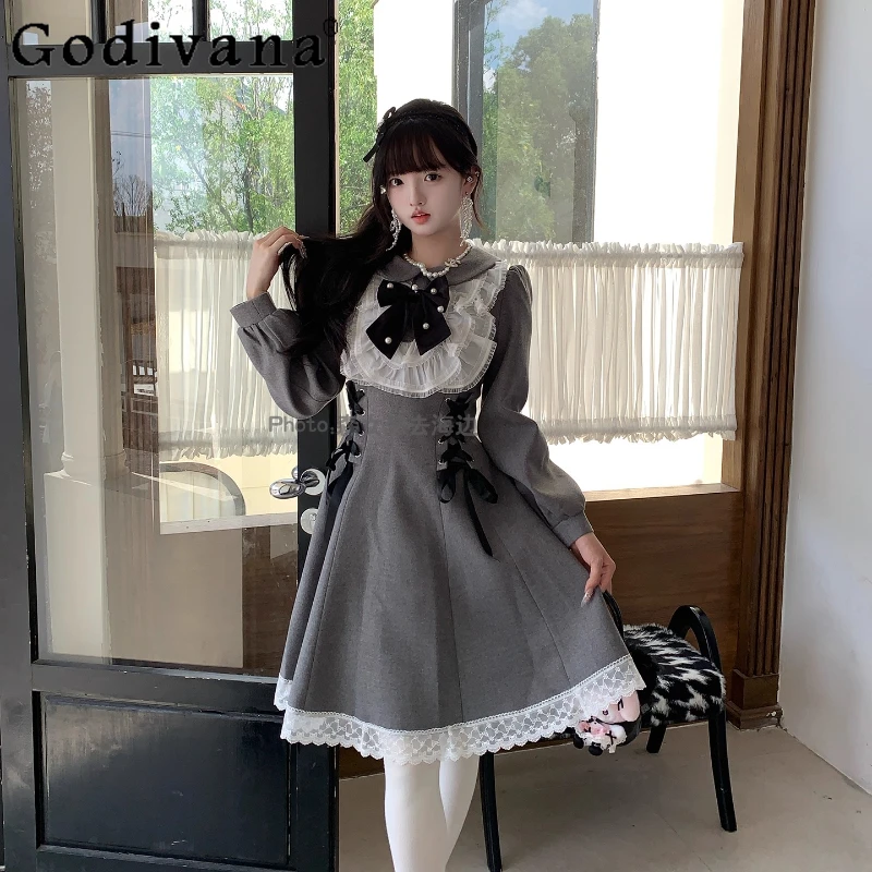 Elegant Sweet Gray Square Neck Dress Women Original New Pearl Gentle Autumn Winter Dress Female Japanese Style Lolita Dress