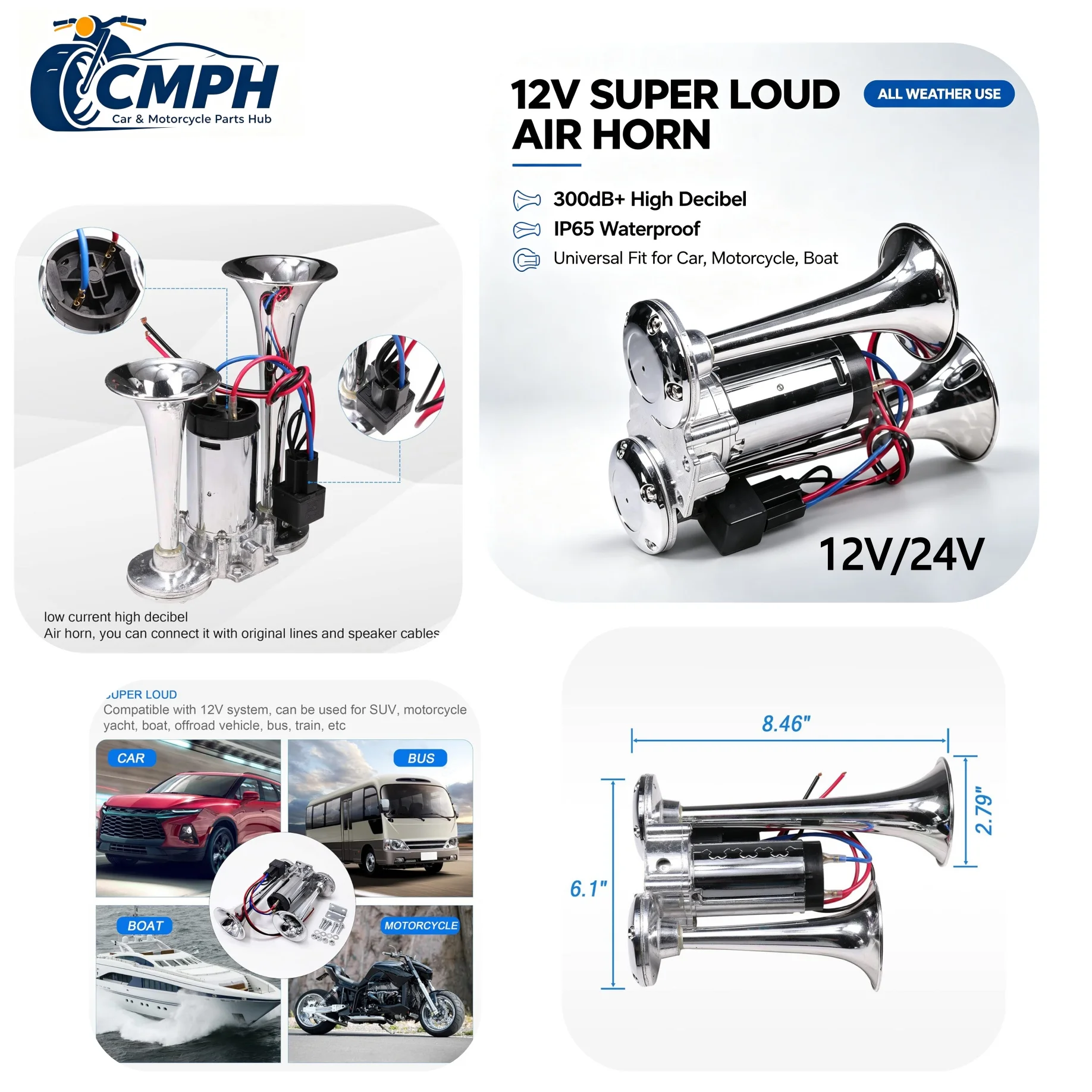 YN-E022 300MM 360MM Dual Pipe Electric Control Air Horn 12V 24V Super Loud Universal Truck Car Motorcycle Air Horn Auto Accessor