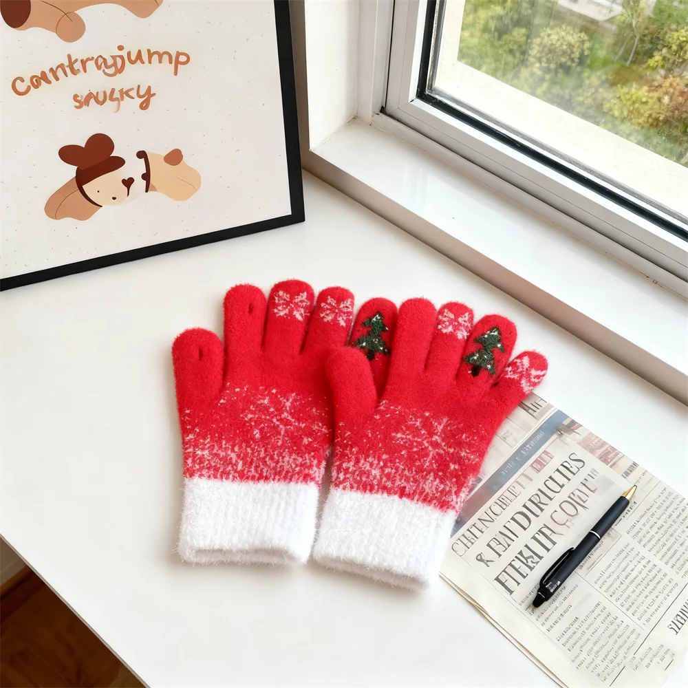 イミテーションミンクスノーフレーククリスマスグローブ冬厚く暖かいホリデーギフトニットグローブタッチスクリーン男性と女性用