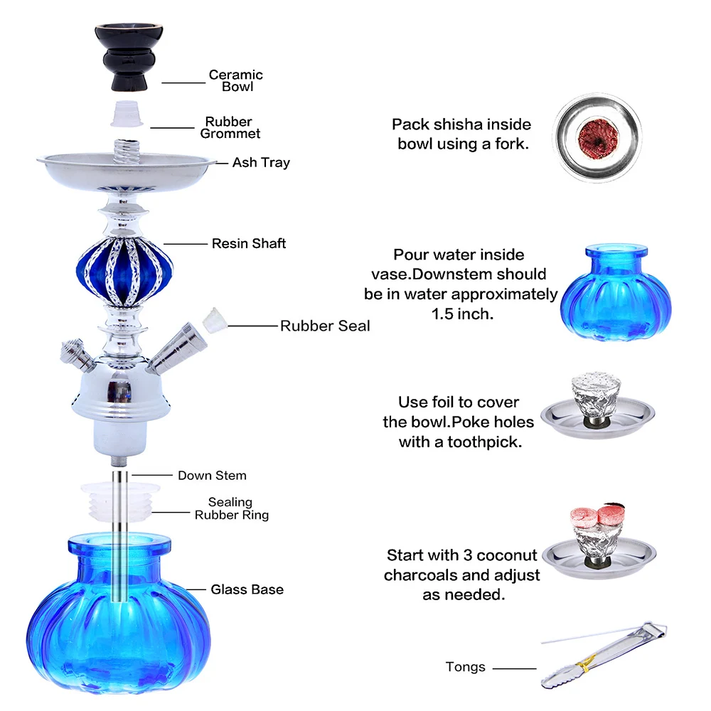 11 inch Arabian Hookah Set Glass Base Ceramics Bowl Shisha Single Hose Pipe Travel Kit Hookah