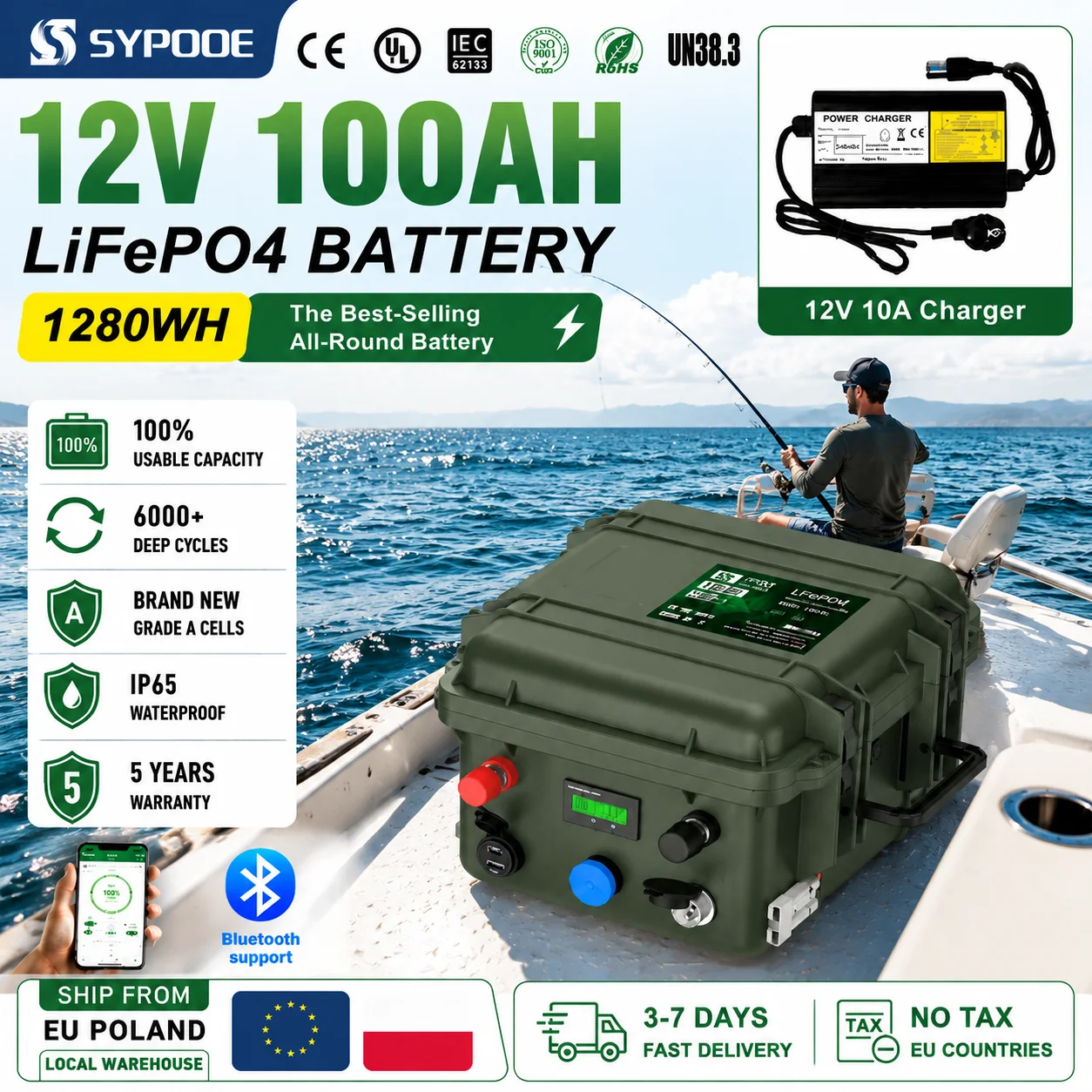 Lifepo4 50AH 150AH Lithium-Batterie 12V 100AH 200AH Wiederaufladbar Smart BMS IP65 Wasserdicht Solarbatterie für Fischfinder Außenbordmotor