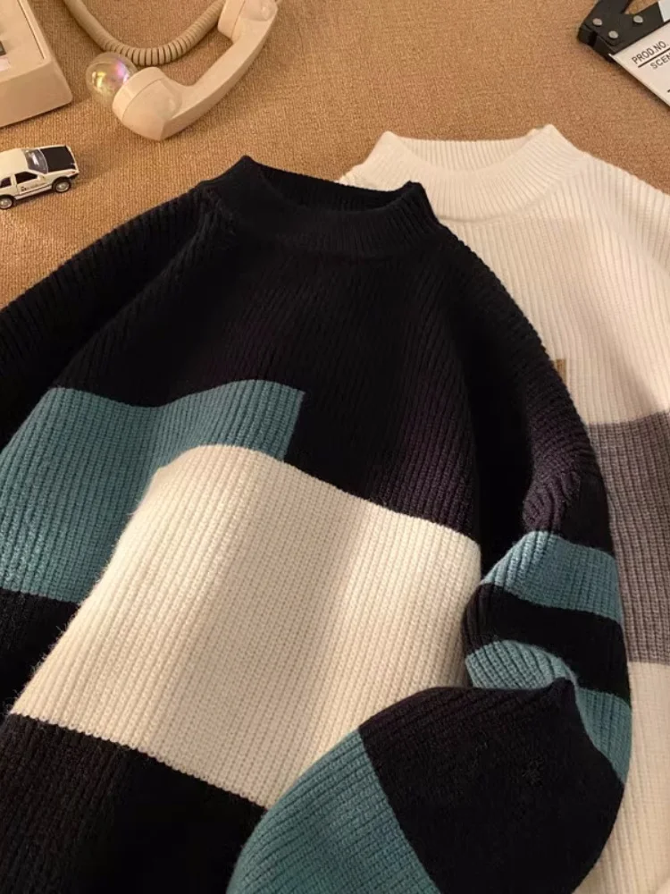 

Мужской вязаный свитер в американском стиле с полосками, осенне-зимний, свободного кроя, с круглым вырезом, базовый слой, удобный, с геометрическим узором, для повседневной носки