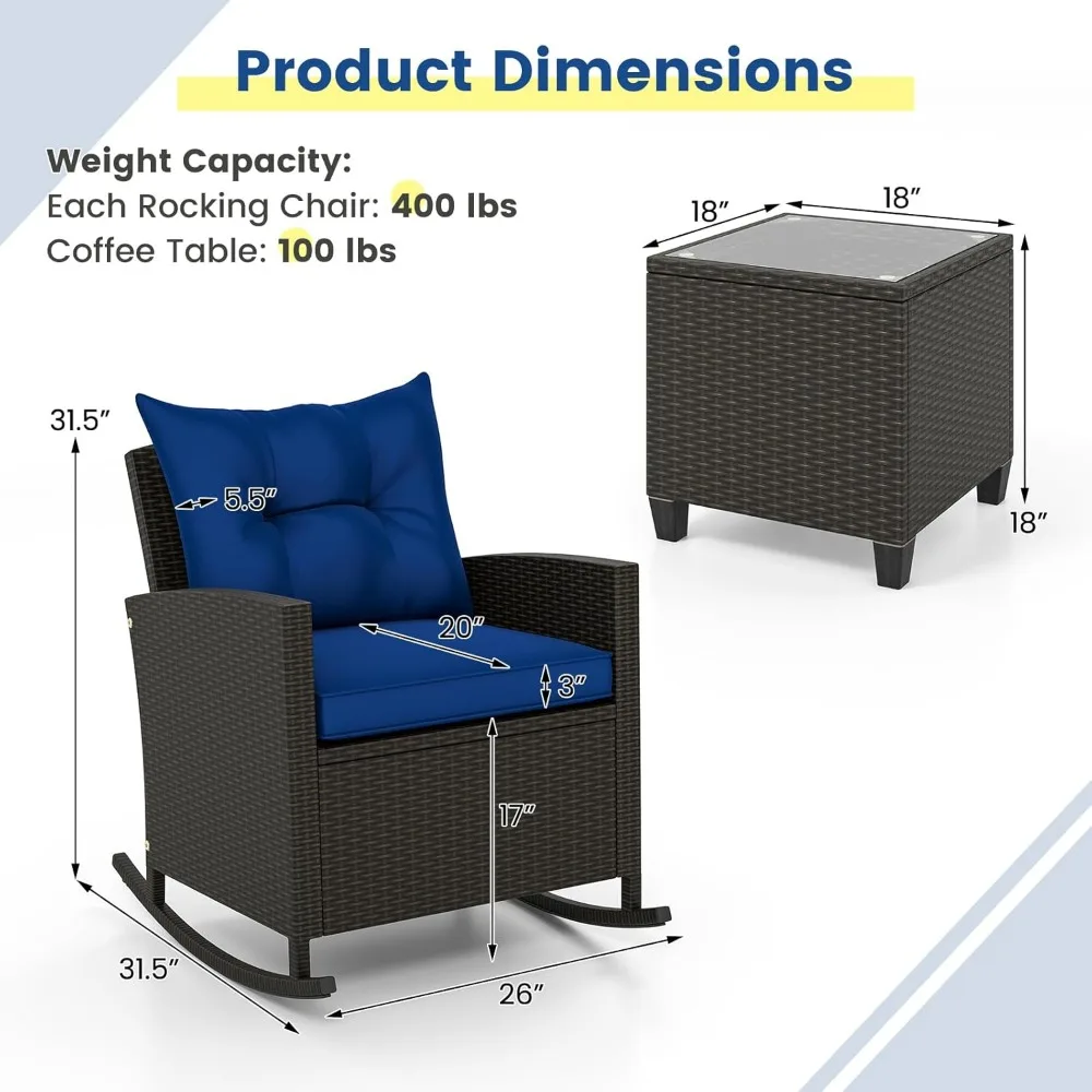 3 Pieces Patio Furniture Set, Outdoor Wicker Rocking Chairs with Soft Cushions, Glass Coffee Table, Rattan Conversation Bistro