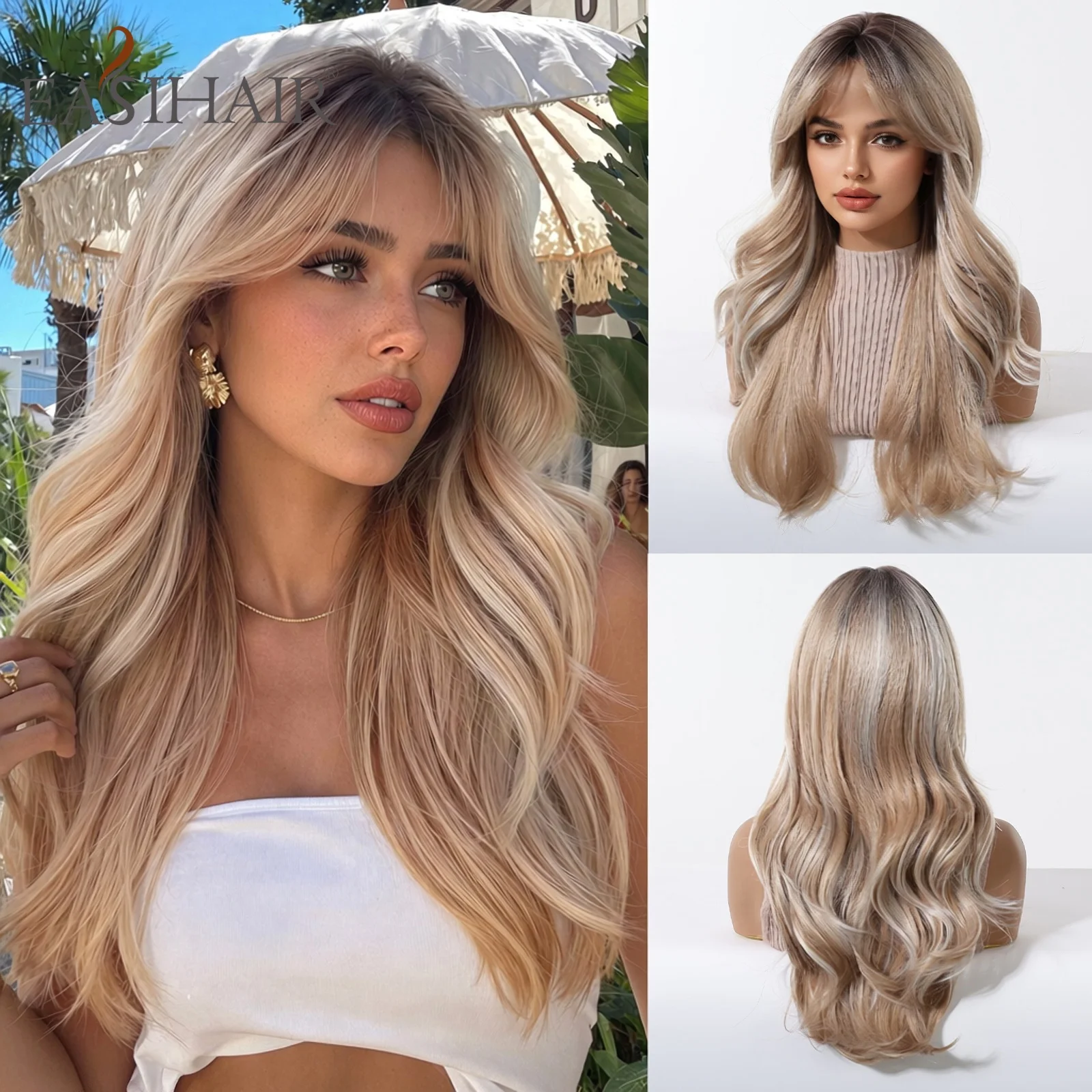 

Long Wavy Blonde to Brown Ombre Synthetic Wig Heat Resistant Fiber Natural Looking Hair for Women Daily Wear Party Cosplay