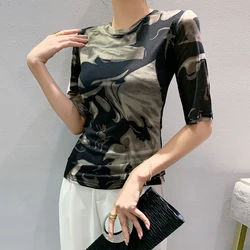 Size S-4XL Women's O-neck Half Sleeve T-shirts Tops Girls Stretchy Printed Base Tees T Shirts Tops For Female