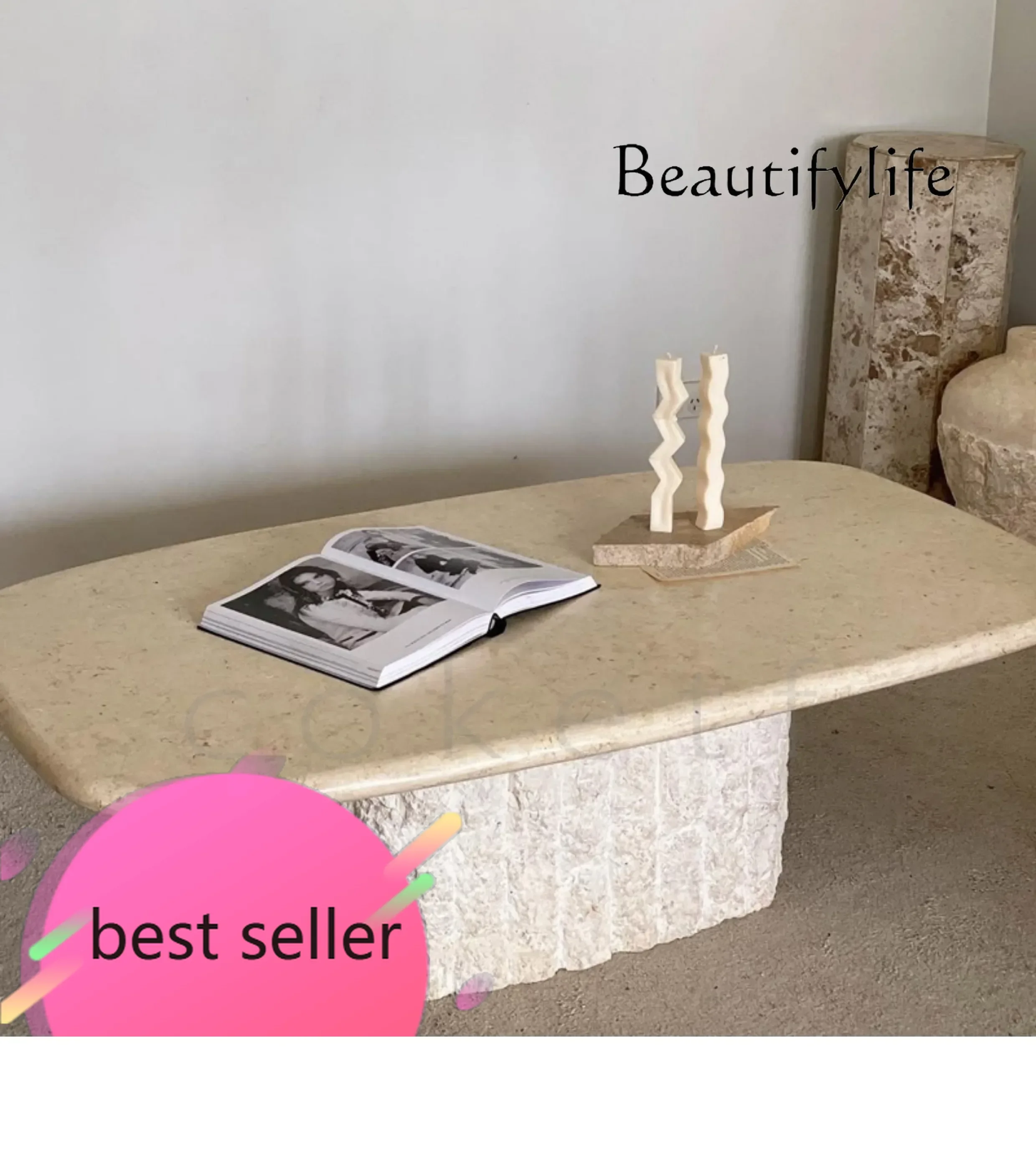 

NEW Y Minimalist Natural Marble Travertine Coffee Table Household Living Room Small Apartment Designer Rectangular Coffee Table