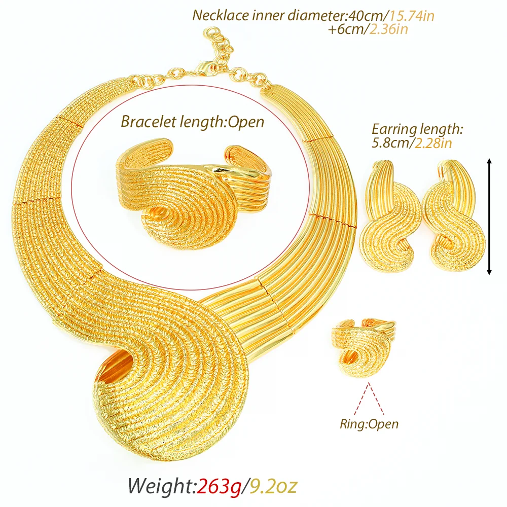 GZJPEI Exaggeration Big Swirl Textured Jewelry Set Dubai African 4Pcs 18K Gold Plated Bridal Wedding Jewelry Luxury Party Gift