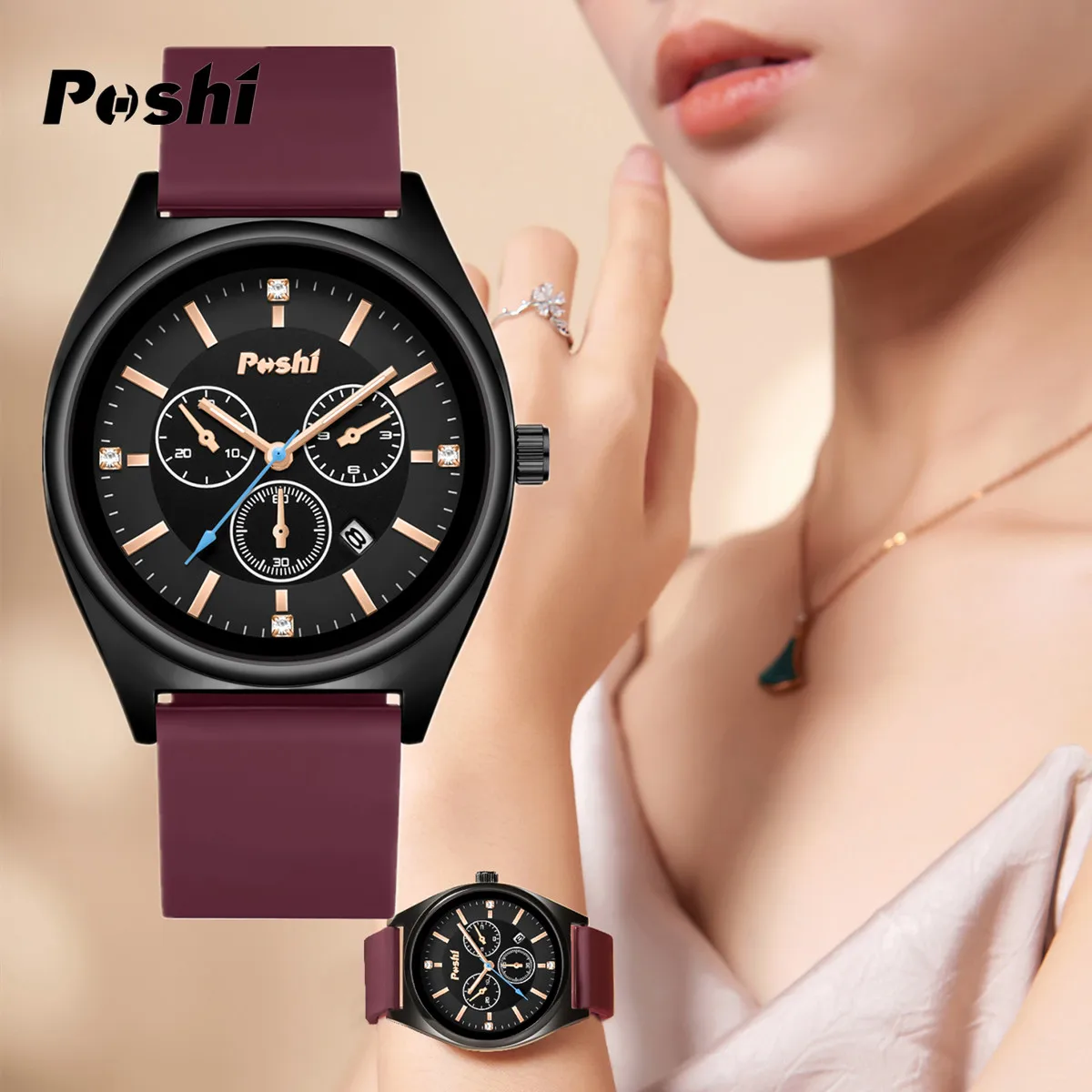 POSHI Fashion Women\'s Watches Luxury High Quality Silicone Strap Quartz Wristwatch with Date Original Ladies Casual Clock Gift