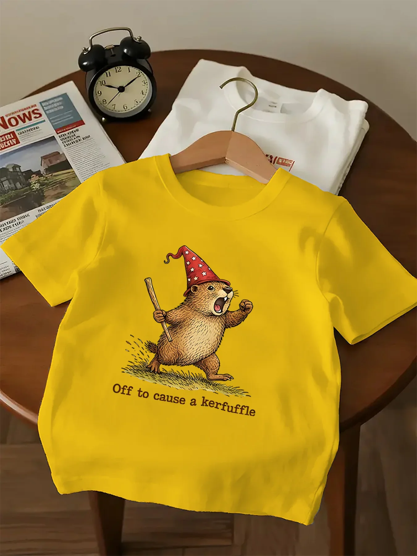 Off To Cause A Kerfuffle Text Magic Hat Groundhog Print Crew Neck Short Sleeve Tee Lightweight Casual Kids Summer Top
