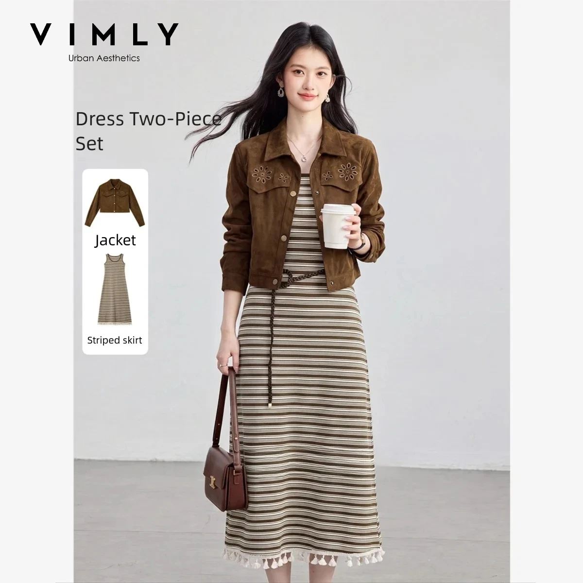 VIMLY Women's Brown Two‑piece Set 2026 Fall Vintage Long Sleeve Coat Striped Knit Sleeveless Dress Matching Outfit Female 31812