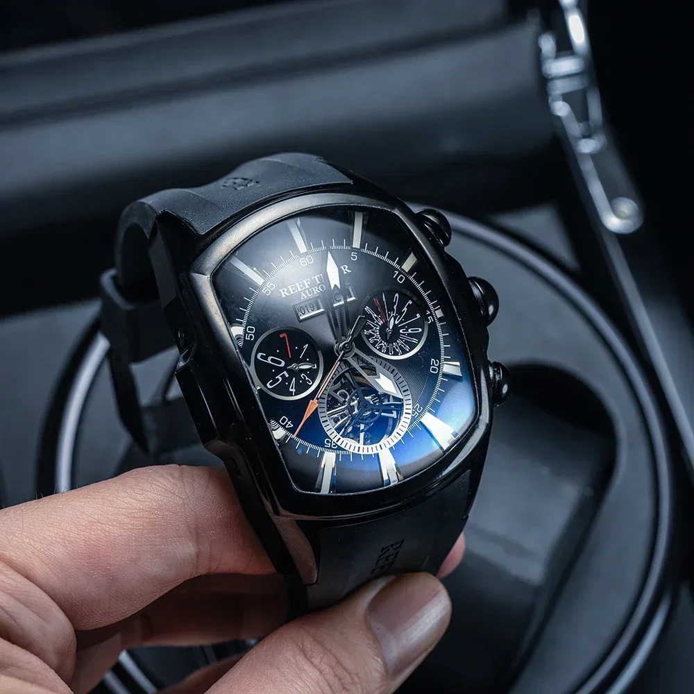 Reef Tiger Relógio Mecânico Automático de Luxo para Homens Tourbillon Calendário Semana Relógio de Pulso Automático Multifuncional À Prova D 'Água