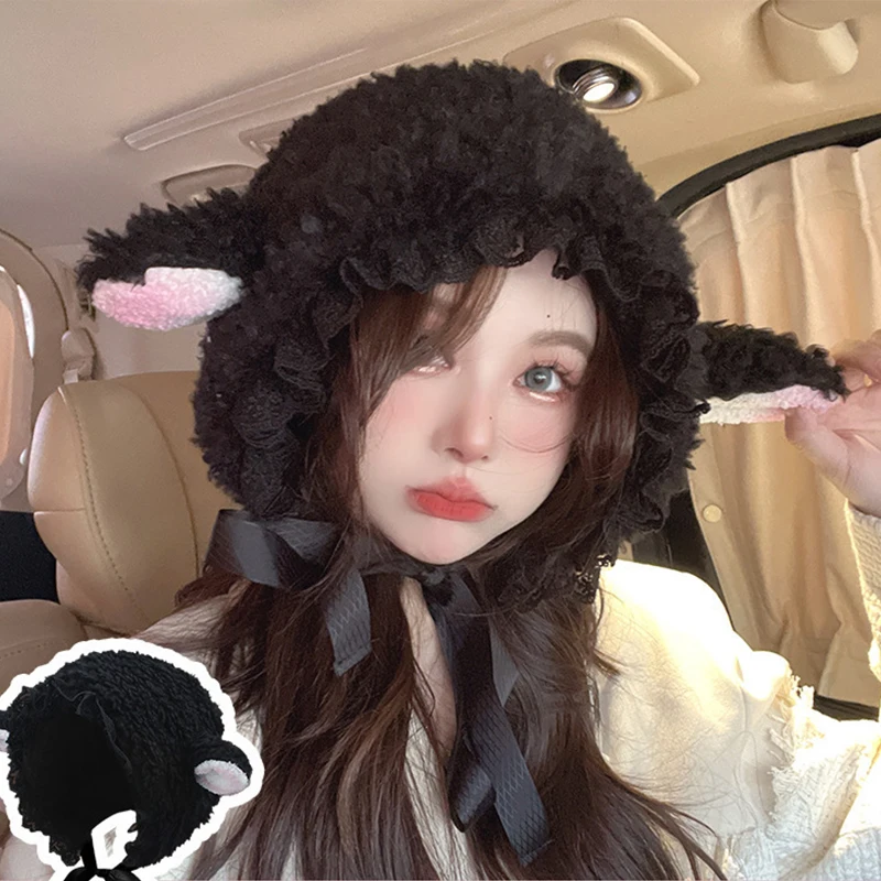 Winter Women Sheep Ear Decor Hat Fluffy Cute Plush Sheep Design Hat Keep Warm Windproof Adjustable Female Hat Cosplay Props