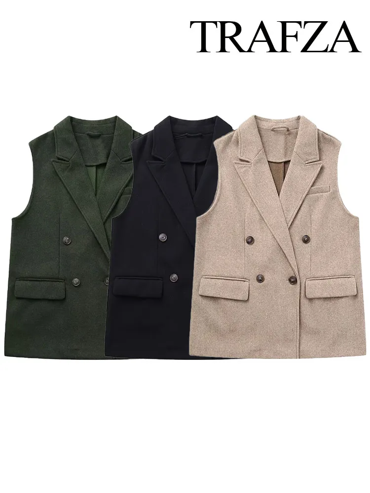 

TRAFZA Autumn Fashion Women Vests Solid Turn-Down Collar Sleeveless Pockets Double Breasted Female Casual Waistcoats 3 Color