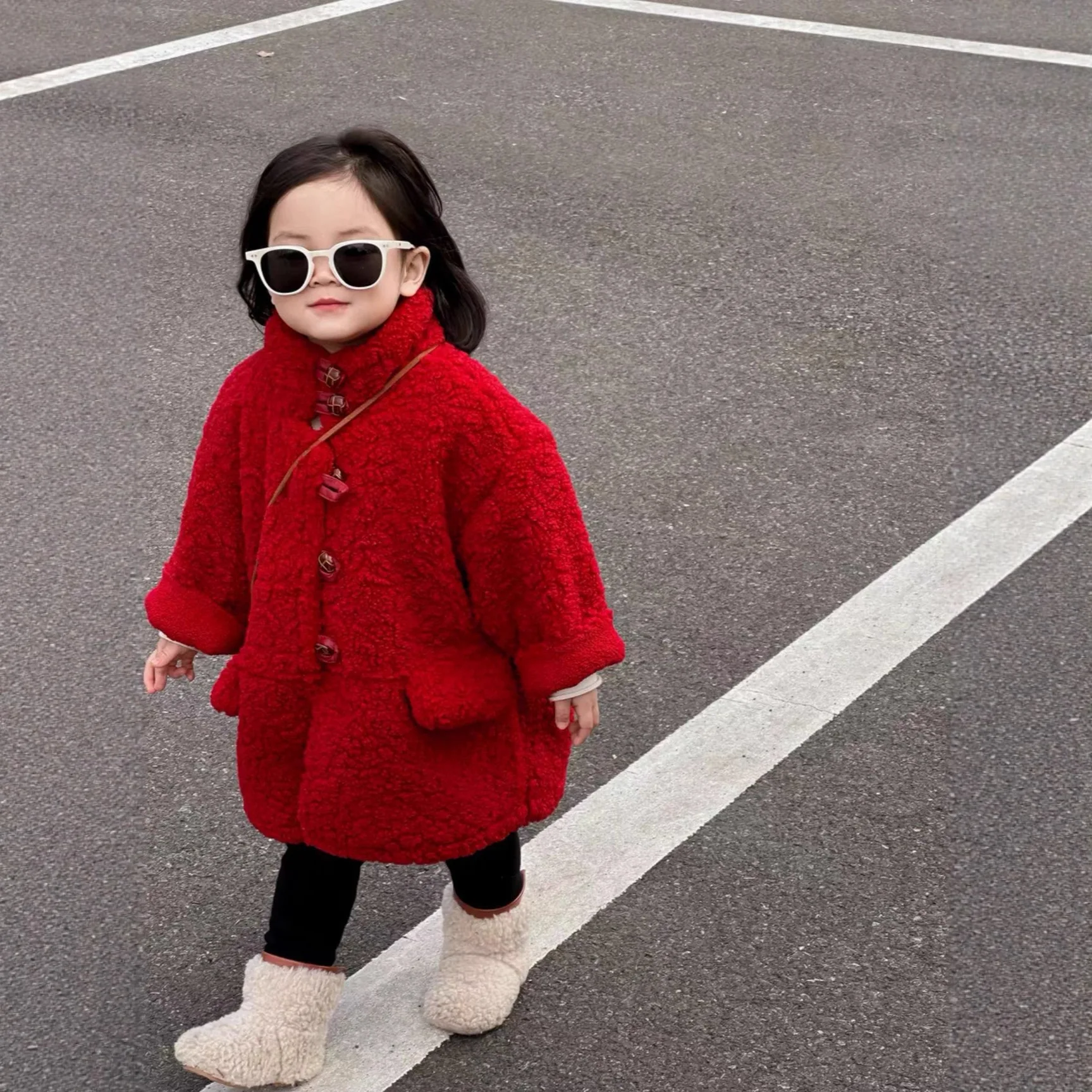 Winter New Product Girls Festive Angola Red Warm Velvet Flower Thousand Medium and Long Loose Coat