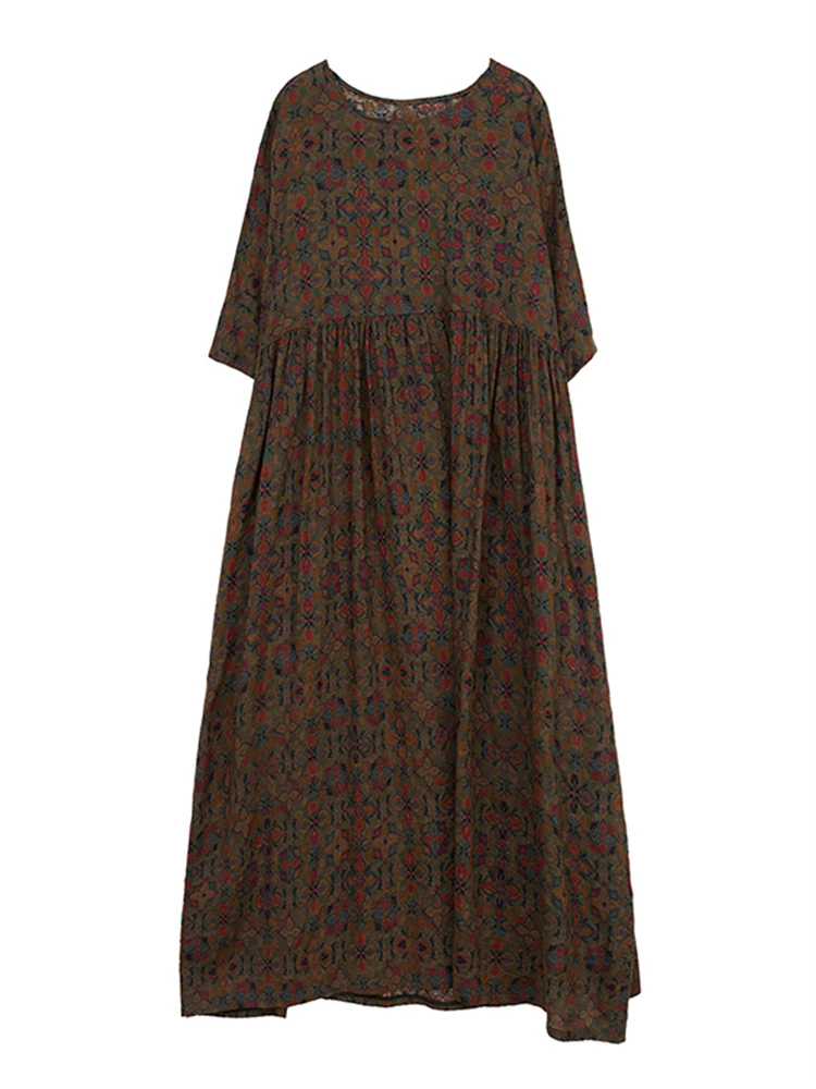 Short Sleeve Cotton Vintage Print Floral Dresses For Women 2026 Spring Summer Loose Casual Long Dress Robe Femme Elegant Clothes