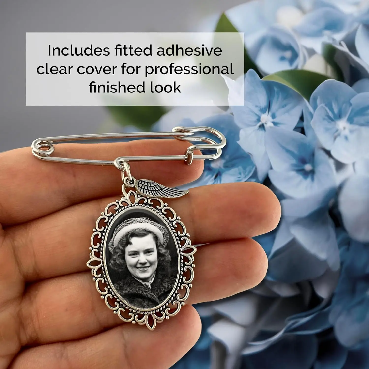 Hochzeitsstrauß-Foto-Charm, ovale Boutonniere-Anstecknadel mit Schutzengel-Flügel und Foto-Rückstellungssoftware für die Braut oder Familie des Bräutigams – Detail 3