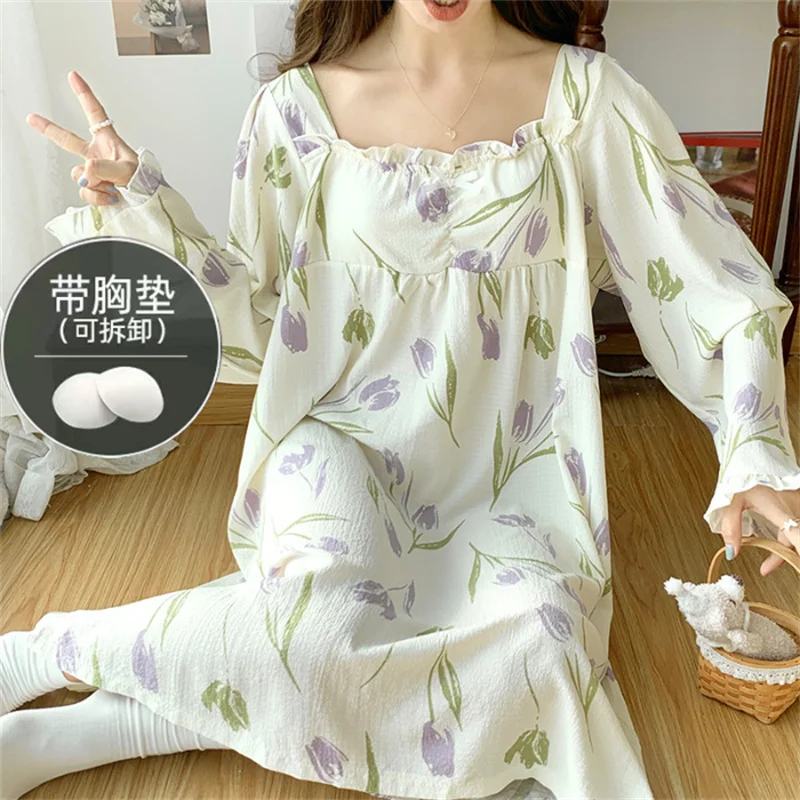 Chest Pad Nightdress Women Long Sleeve Nightwear Dress Sweet Ladie\'s Autumn Nightgowns Large Size Casual Home Clothes M-4XL