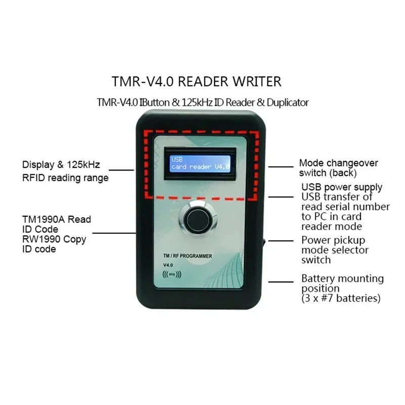 TMRF-V4.0 iButton Programmer DS1990A Duplicator Copier 125KHz RFID Reader Recorder RW1990 Key Marker RFID T5577 Keychain