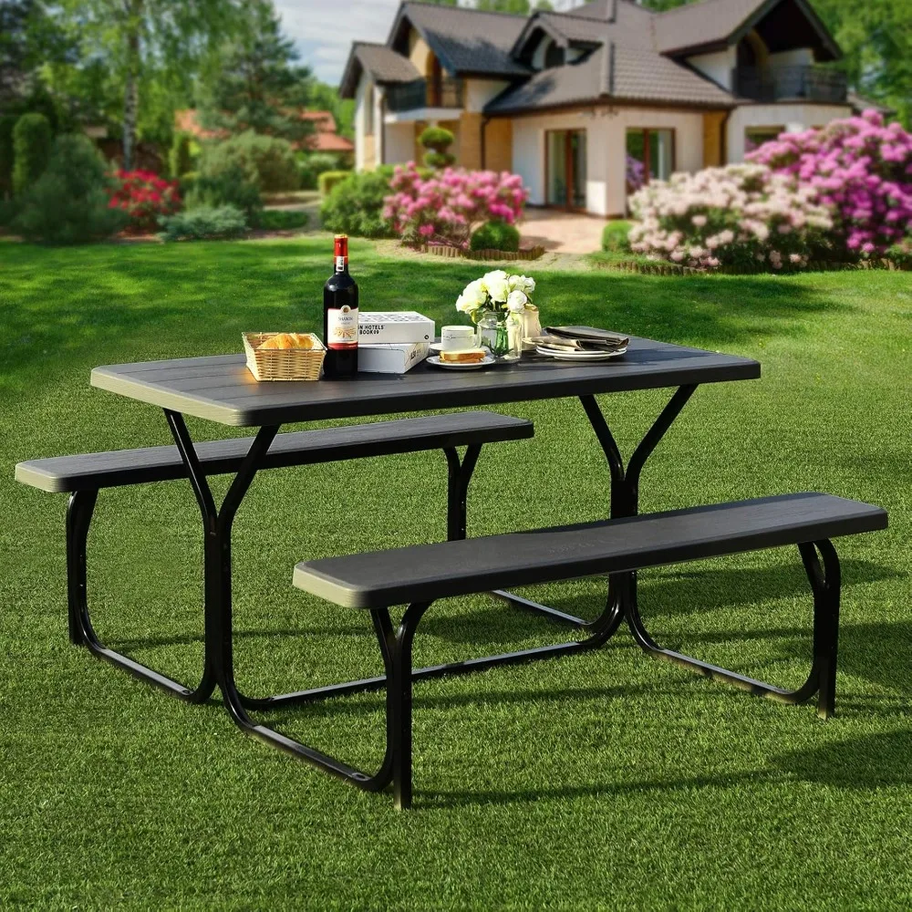 Picnic Bench Set Outdoor Camping Metal Base Wood-Like Texture Backyard Poolside Dining Party, Large Picnic Tables