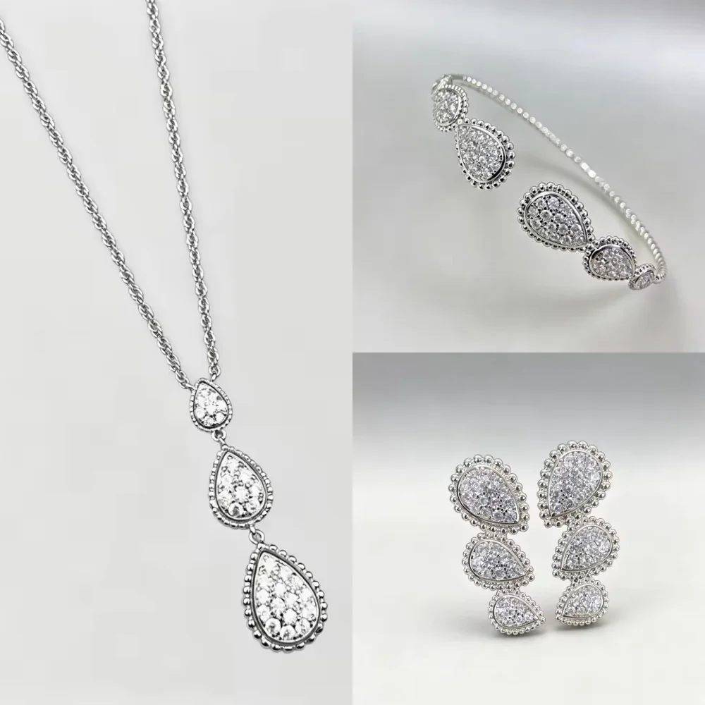 S925 Sterling Silber Dreifach-Wassertropfen Luxus-Schmuckset mit Halskette, Ohrringen und Armband - Hochwertiges Partygeschenk für Frauen – Detail 2