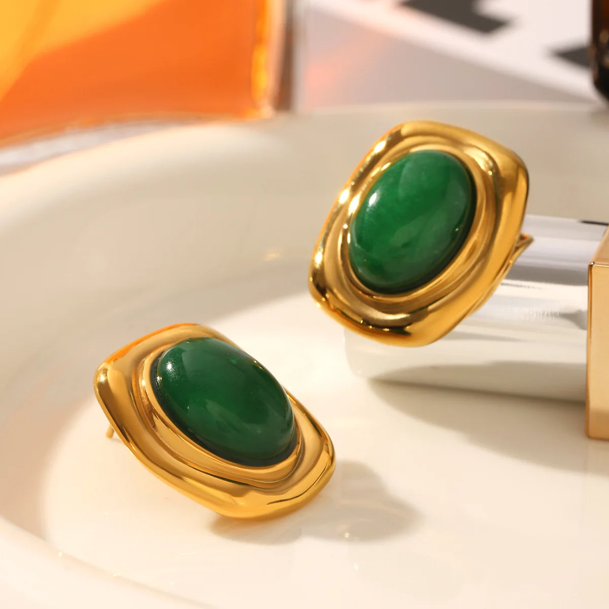 Vintage Geometric Green Natrual Stone Stud Earrings for Women Luxury Stainless Steel Waterproof Ear Earring Jewelry Party Gift