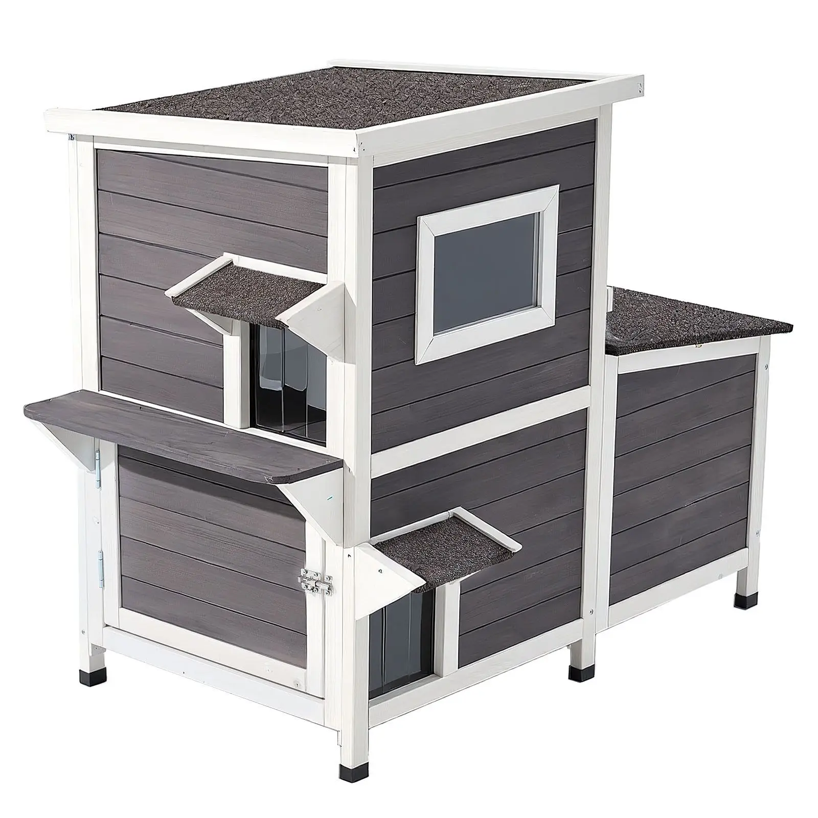 Outdoor Cat House, 2-Story Wooden Cat Shelter for 3 Outside Cats in Winter, Elevated Feral Kitty Shelter with Stairs, Clear Wind