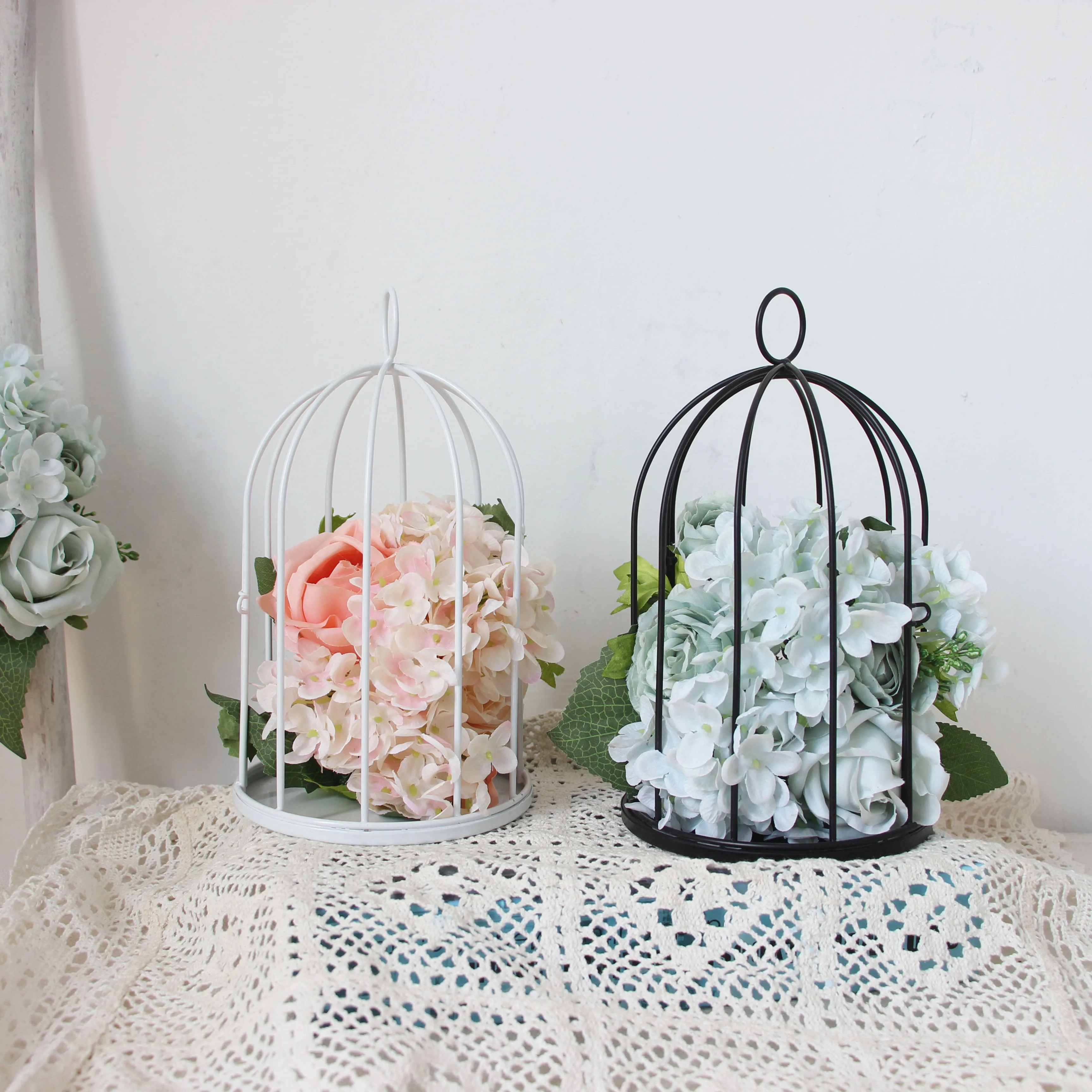 Outdoor Modern iron garden metal birdcage white/black line cage with Bird hook decoration hanging flowerpot succulent plants