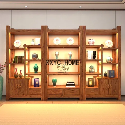 Solid Wood Chinese Old Elm Tea Room Tea Tea Cabinet Office Storage Display Bookshelf Partition