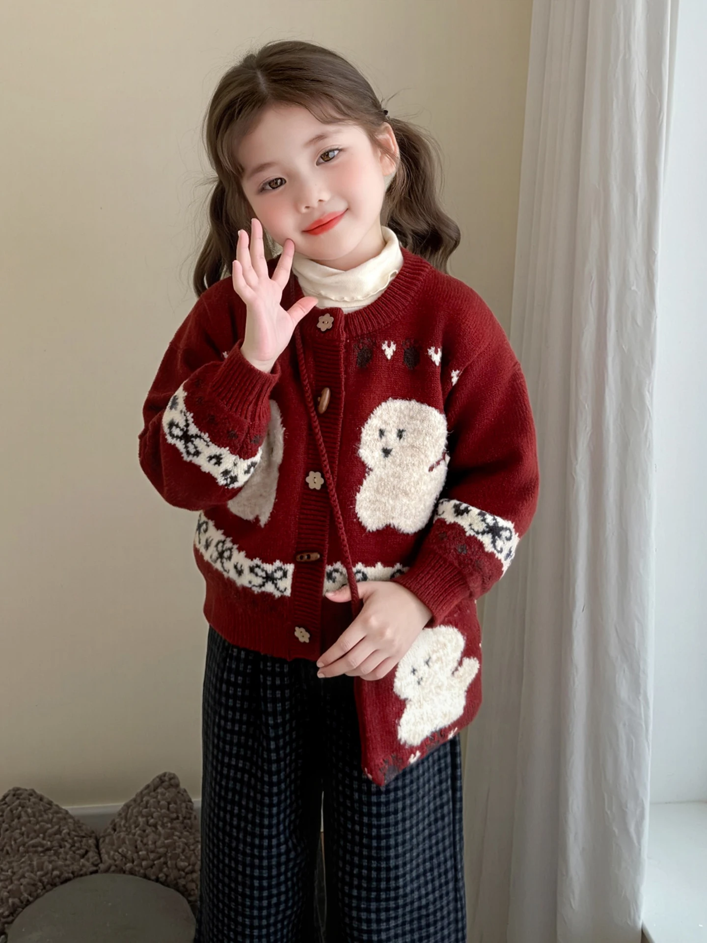 Korean Sle Girls Knitted Cardigan Sweater Cartoon Print Autumn Winter Warm Outerwear Baby Coat Trendy Children's Faion