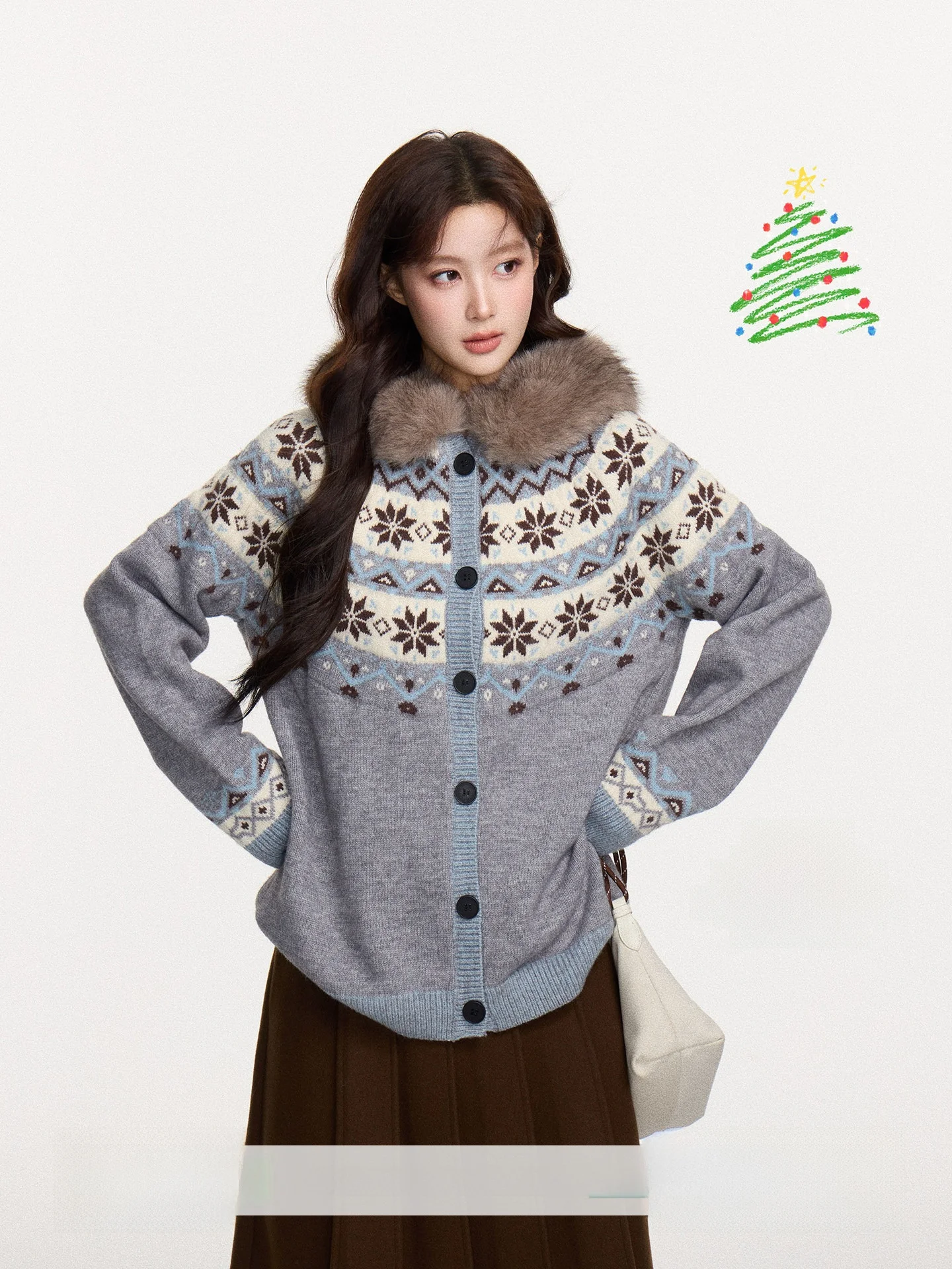 

Вязаный кардиган Exue без меха с узором Fair Isle, женский зимний свободный кардиган с меховым воротником, визуально стройнящий фигуру