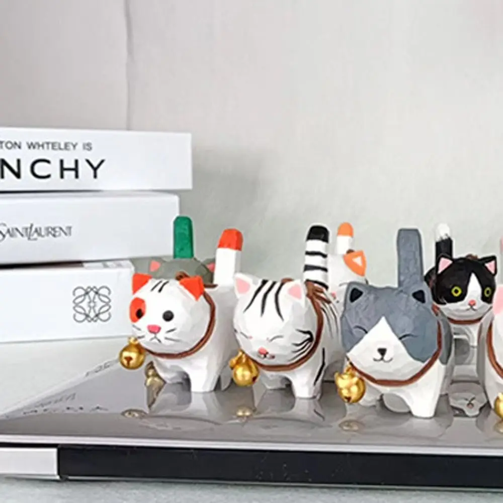 Bel Kat Houtsnijwerk Kat Ornament Massief Hout Eenvoudige Stijl Geschilderd Cartoon Kat Sculptuur Schattig Klein