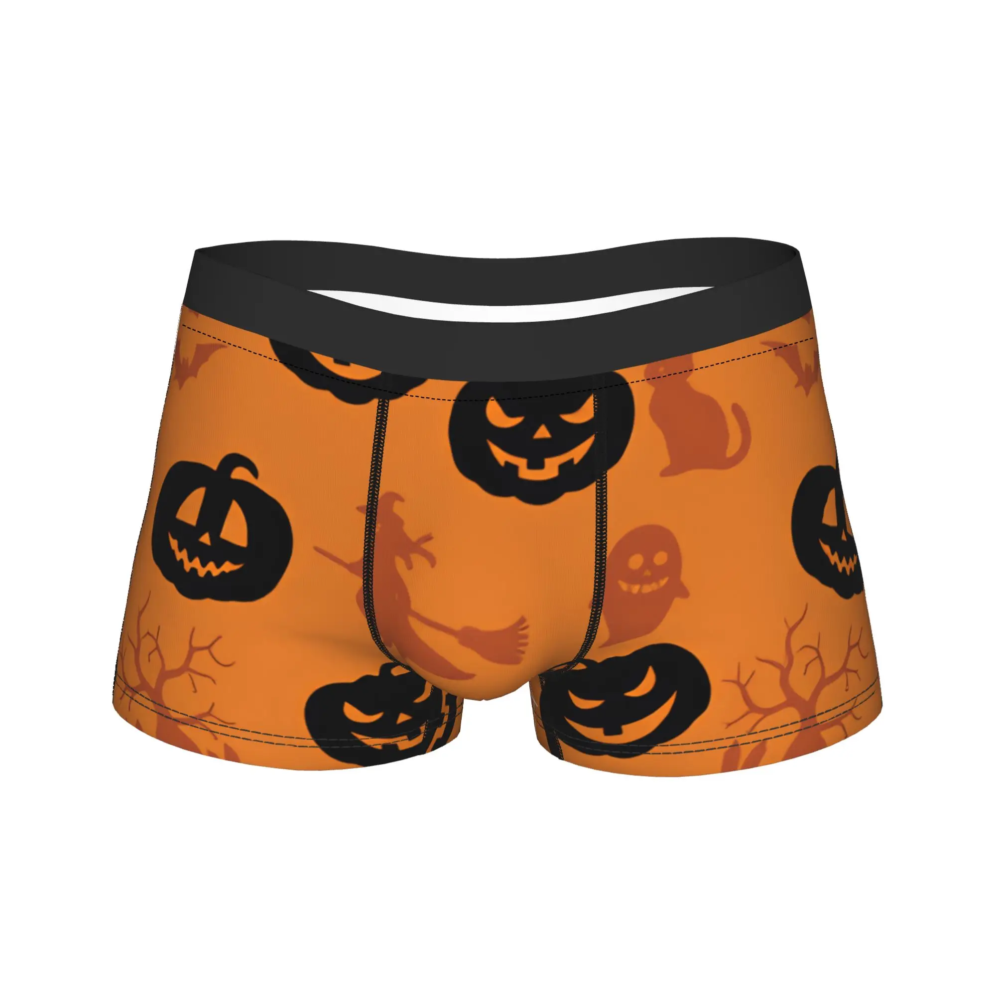 Halloween Pumpkin Cat Witch Spider Web Bat Seamless Pattern Orange Background Boxer Shorts  Pouch Underwear Quality Boxer Brief