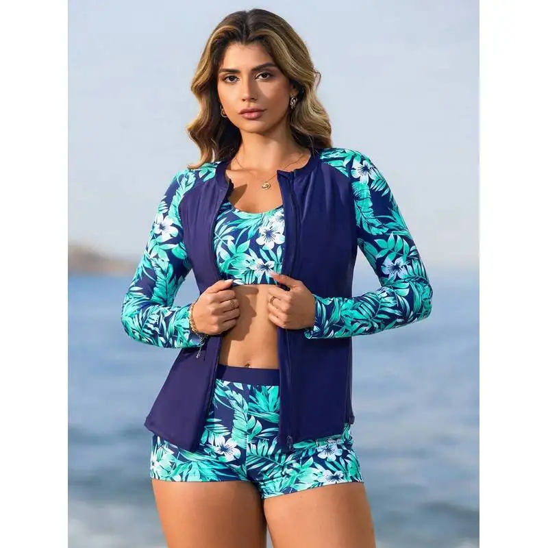 JEWELRY SEN Women 3‑Piece Rash Guard Swimsuit Tropical Floral Print Long Sleeve Zip‑Up Jacket Tankini Shorts Surf Swimwear - view 4
